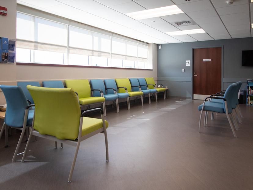 Waiting room with colorful chairs